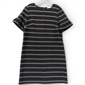 LOFT Black White Stripe Shift Dress Size 12 Short Sleeve Back Zip Stretch Casual